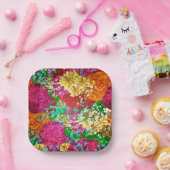 colorful 1950s floral print pattern ペーパープレート (パーティー)