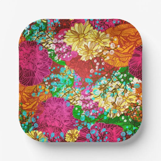 colorful 1950s floral print pattern ペーパープレート (正面)