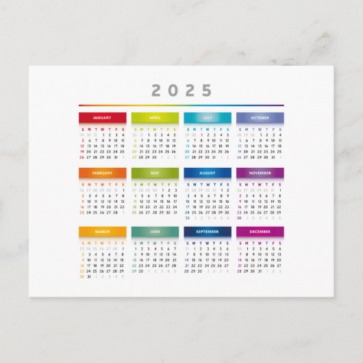Colorful 2025 Calendar - Rainbow Colors 3 Columns ポストカード (正面)