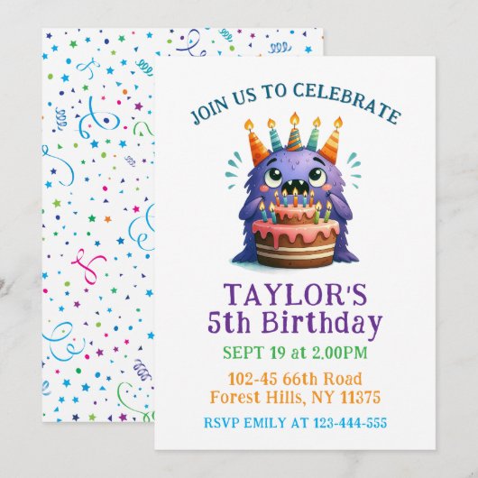 Colorful 5th Birthday Monster Party Invitation  招待状 (正面/裏面)