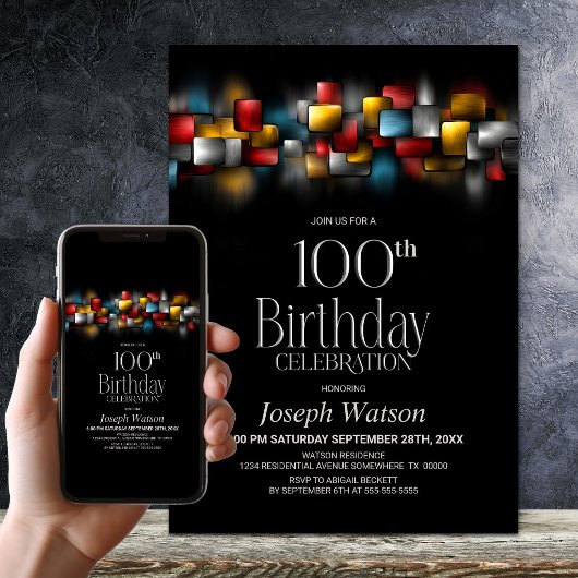 Colorful Abstract 100th Birthday Party 招待状