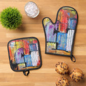 Colorful Abstract Geometric 鍋つかみ&鍋敷きセット (トップダウン)