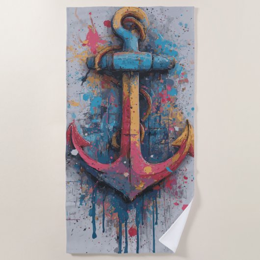 Colorful Anchor Paint Splash Illustration ビーチタオル (正面)