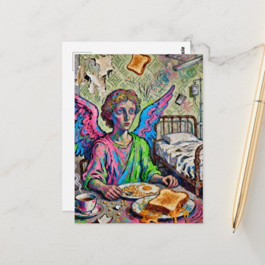 Colorful Angel at Breakfast Art Brut Style ポストカード (正面/裏面インサイチュ)