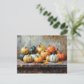 Colorful Autumn Pumpkins on Rustic Table ポストカード (スタンド正面)