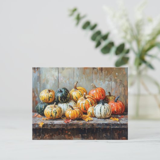 Colorful Autumn Pumpkins on Rustic Table ポストカード (スタンド正面)