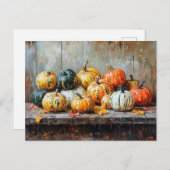 Colorful Autumn Pumpkins on Rustic Table ポストカード (正面/裏面)