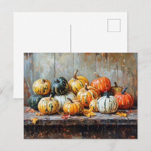 Colorful Autumn Pumpkins on Rustic Table ポストカード (正面/裏面)