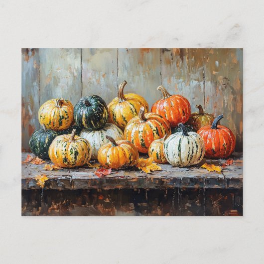 Colorful Autumn Pumpkins on Rustic Table ポストカード (正面)