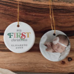 Colorful Baby's First Christmas Newborn Photo セラミックオーナメント<br><div class="desc">This colorful baby's first Christmas newborn photo ceramic ornament is the perfect modern Christmas tree decoration. The simple design features cute and fun typography with alternating colored letters in red, blush pink, emerald green, pastel green and yellow gold. This keepsake ornament reads "my first Christmas". Personalize the front with your...</div>