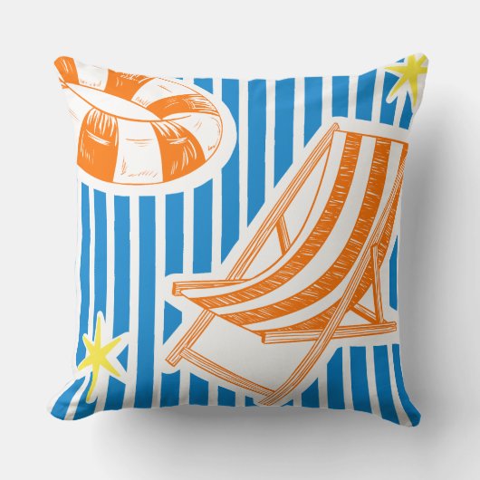 Colorful Beach Bold Orange Blue Stripes クッション (正面)