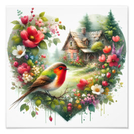 Colorful Bird and Floral Cottage Watercolor フォトプリント