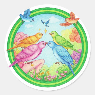Colorful Birds in Circular Garden ラウンドシール