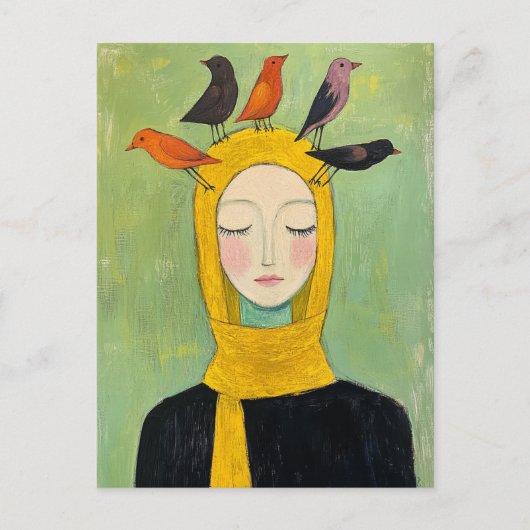 Colorful Birds on Her Head ポストカード (正面)