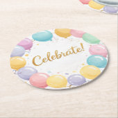 Colorful Birthday Party Drink Coaster, Festive ラウンドペーパーコースター (アングル)