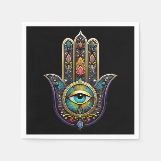Colorful Black Gold Hamsa w/ Turquoise Third Eye スタンダードカクテルナプキン (正面)