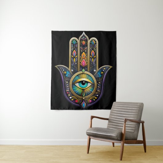 Colorful Black Gold Hamsa w/ Turquoise Third Eye タペストリー (インサイチュ)
