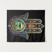 Colorful Black Gold Hamsa w/ Turquoise Third Eye タペストリー (正面(横))