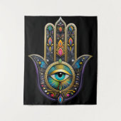 Colorful Black Gold Hamsa w/ Turquoise Third Eye タペストリー (正面)