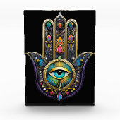 Colorful Black Gold Hamsa w/ Turquoise Third Eye フォトブロック (正面)