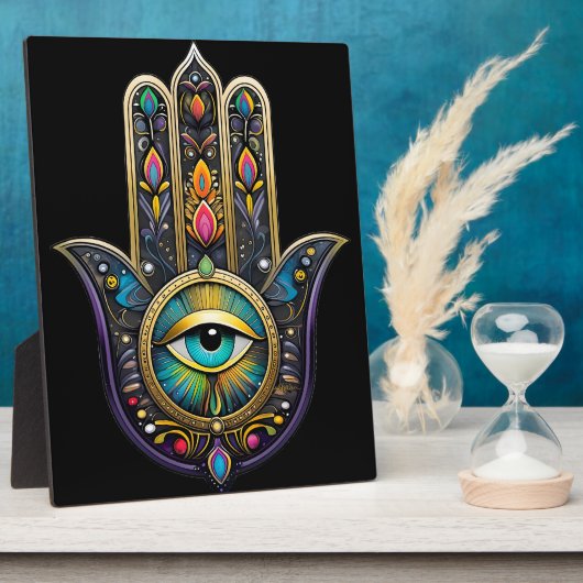 Colorful Black Gold Hamsa w/ Turquoise Third Eye フォトプラーク (側面)