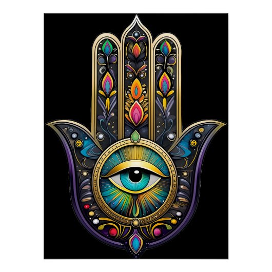 Colorful Black Gold Hamsa w/ Turquoise Third Eye ポスター (正面)