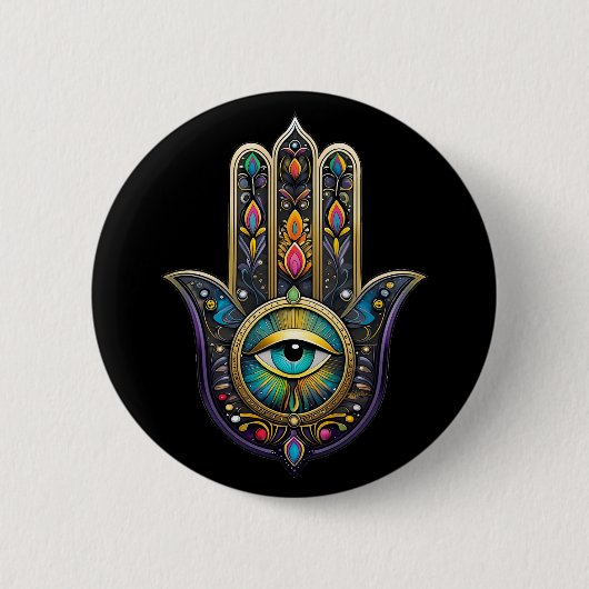 Colorful Black Gold Hamsa w/ Turquoise Third Eye 缶バッジ (正面)
