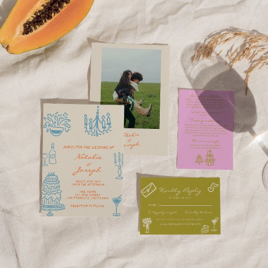 Colorful Blue Orang Hand Drawn Whimsical Wedding 招待状