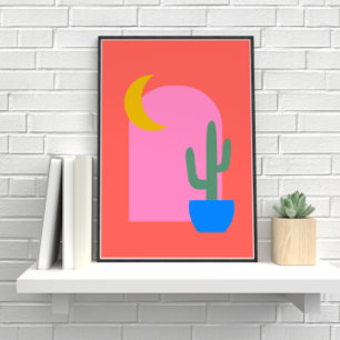 Colorful Boho Cactus Moon Shapes in Red and Pink ポスター
