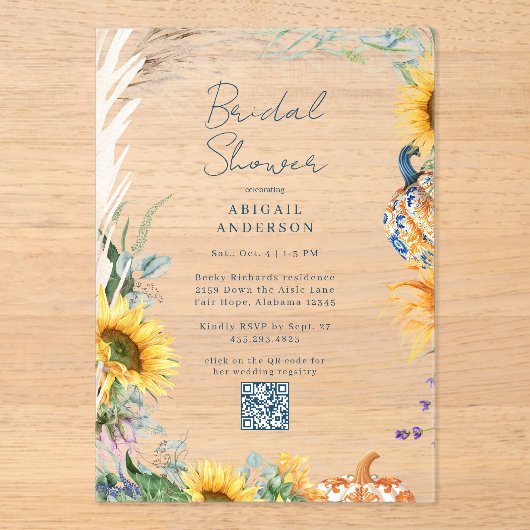 Colorful Boho Teal Pumpkin Fall Bridal Shower  アクリル招待状 (正面)