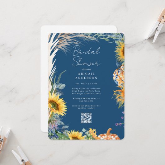 Colorful Boho Teal Pumpkin Fall Bridal Shower  招待状 (正面/裏面インサイチュ)