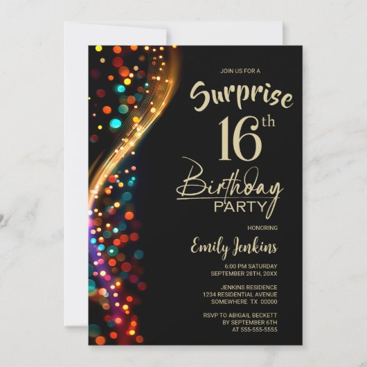 Colorful Bokeh Surprise 16th Birthday Party 招待状 (正面)