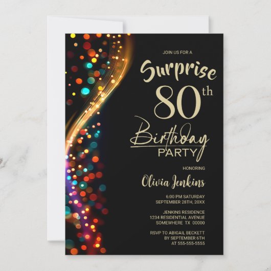 Colorful Bokeh Surprise 80th Birthday Party 招待状 (正面)