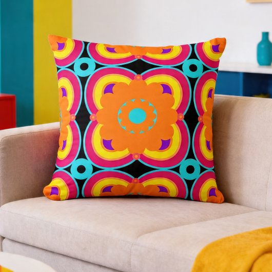 Colorful Bold Retro Geometric Floral クッション