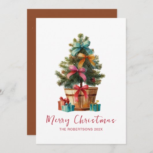 Colorful Bows Christmas Tree Rustic シーズンカード (正面/裏面)