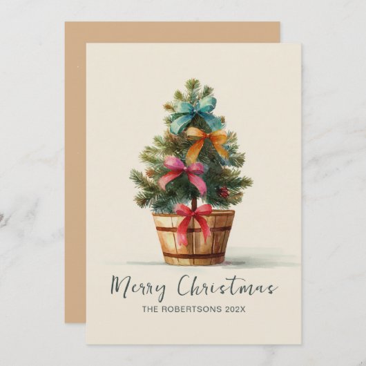 Colorful Bows Rustic Christmas Tree  シーズンカード (正面/裏面)