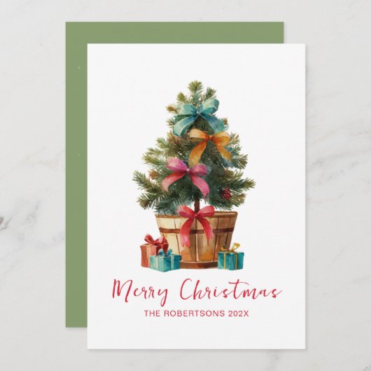 Colorful Bows Rustic Christmas Tree Card シーズンカード (正面/裏面)