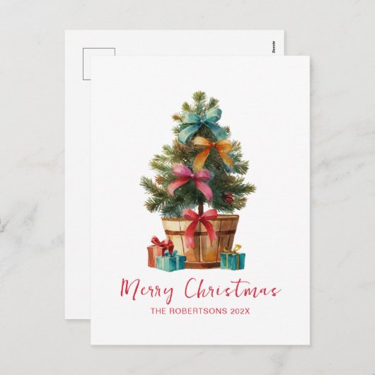 Colorful Bows Rustic Christmas Tree Postcard シーズンポストカード (正面/裏面)