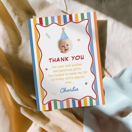 Colorful Boy 1st Birthday Photo サンキューカード