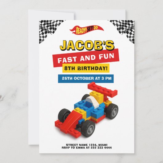 Colorful Brick Racer Robotics Birthday 招待状 (正面)