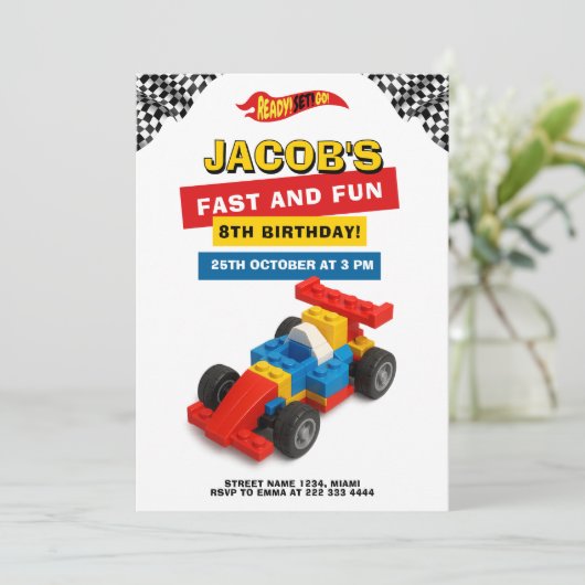 Colorful Brick Racer Robotics Birthday 招待状 (スタンド正面)