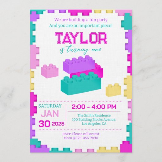 Colorful Bricks Building Blocks Birthday Party 招待状 (正面)