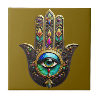 Colorful Brown Gold Hamsa Rainbow Color Third Eye タイル