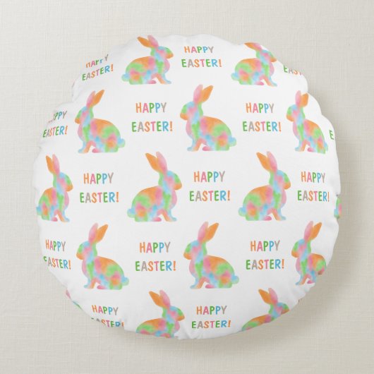 Colorful Bunnies Pattern With Happy Easter Text ラウンドクッション (正面)