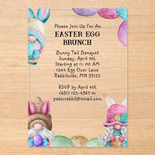 Colorful Bunny Gnomes & Eggs Easter Brunch アクリル招待状 (正面)