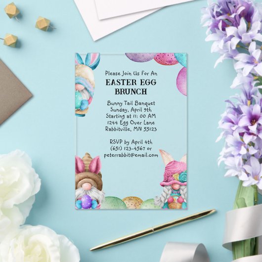 Colorful Bunny Gnomes & Eggs Easter Brunch アクリル招待状 (インサイチュ (ウェディング))