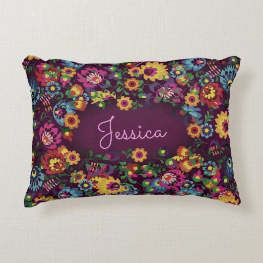 Colorful Busy Floral Pattern Purple Personalised アクセントクッション (正面)