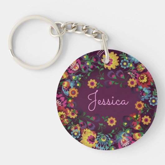 Colorful Busy Floral Pattern Purple Personalised キーホルダー (正面)