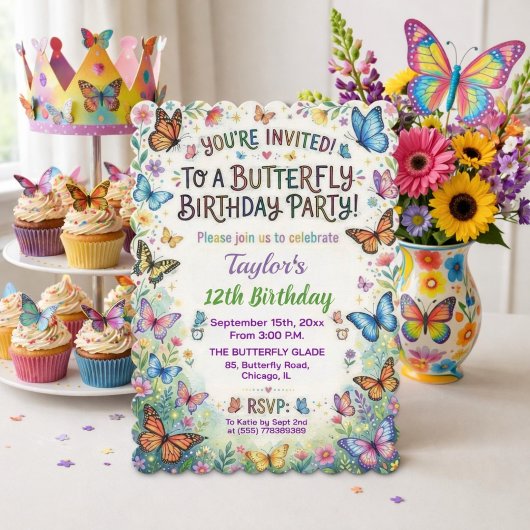Colorful Butterflies 12th Birthday Party 招待状