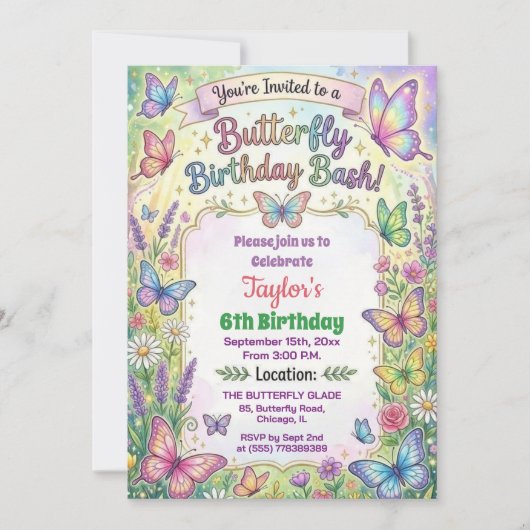Colorful Butterflies 6th Birthday Bash Invitation 招待状 (正面)
